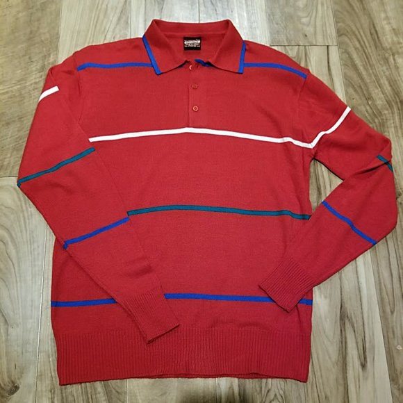 Vintage Emphasis Sweater Knit Polo Shirt Mens Large Red Striped Long Sleeve - Picture 1 of 10